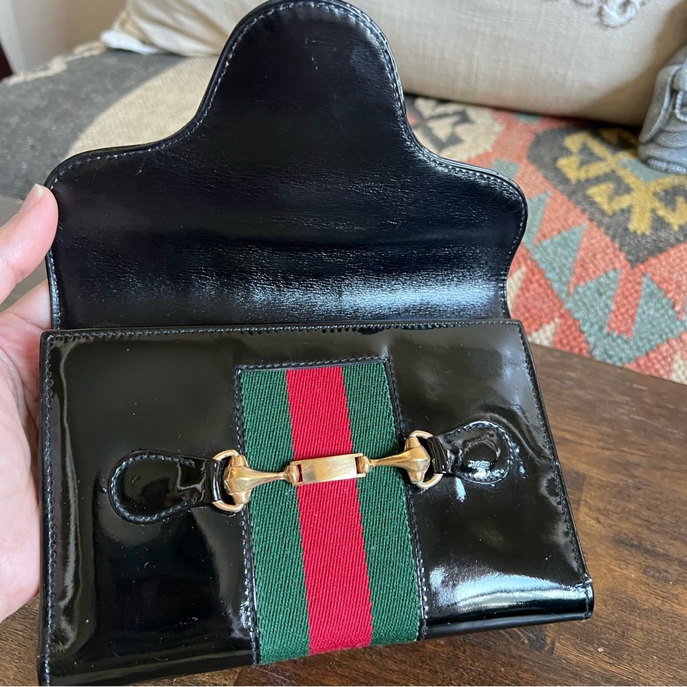 Gucci Tri Fold Web Detail Horsebit Black Patent Leather Vintage Wallet - Picture 6 of 17